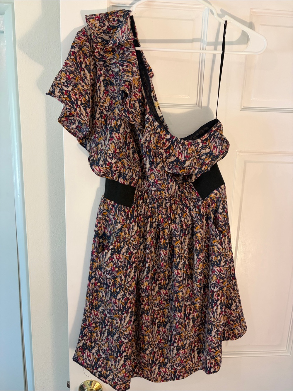 One-Shoulder Ruffle Floral A-Line Dress in Multicolor w/ Pockets